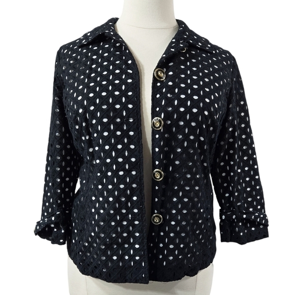 Charter Club 100% Cotton Black White Eyelet Cutout Lightweight Button-Up Jacket - Picture 1 of 8